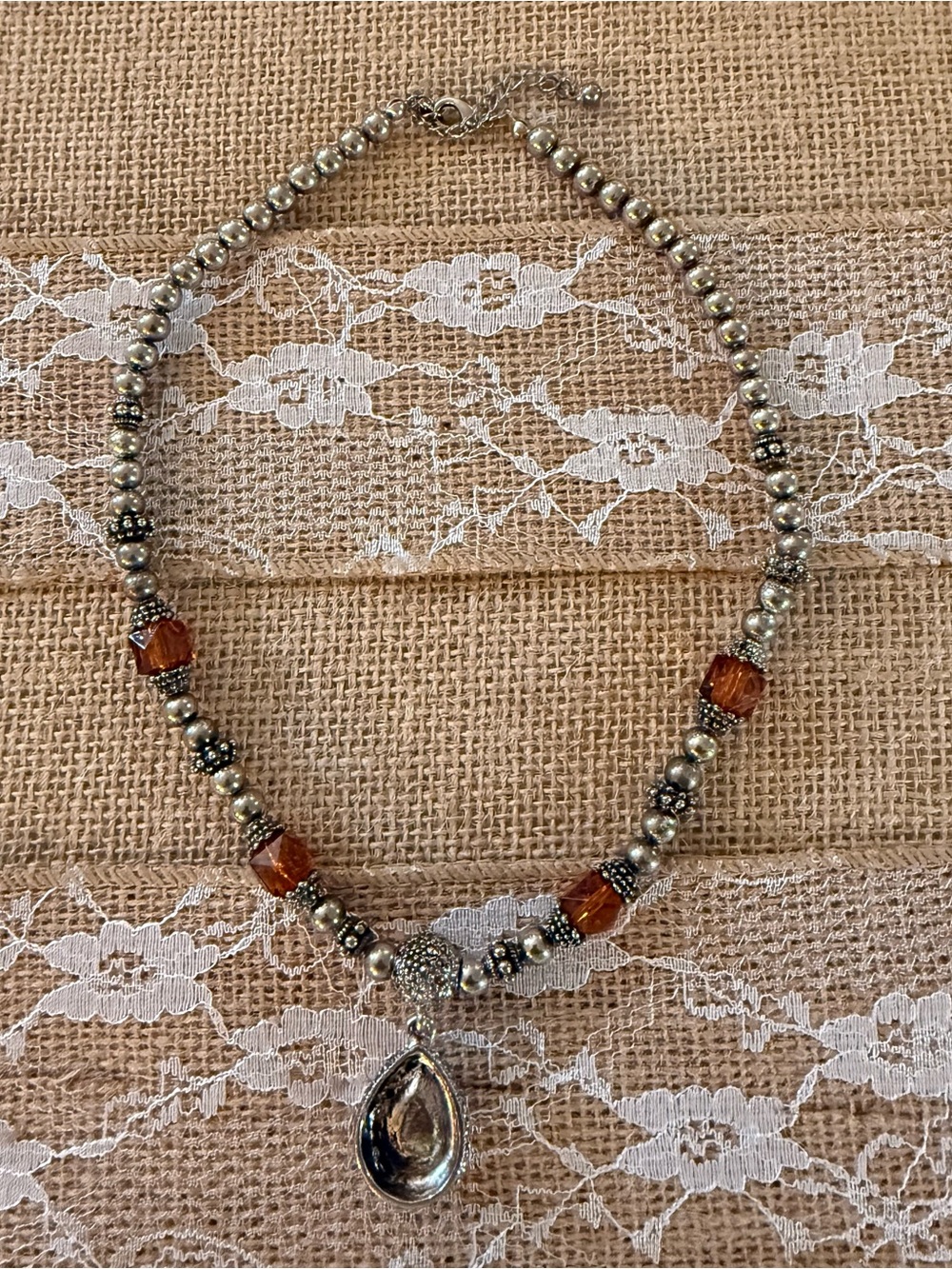 Silver-Tone Necklace with Amber tone Teardrop Pendant - Picture 2 of 2